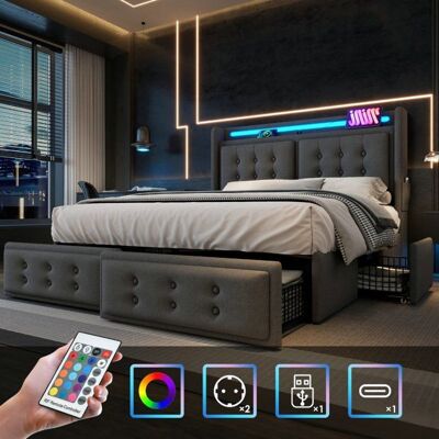 LANGTU Lit 180x200 lit double avec tête de lit LED et fonction de charge USB C et 4 tiroirs lits de rangement avec lin gris Gris - Publicité LANGTU Lit 180x200 lit double avec tête de lit LED et fonction de charge USB C et 4 tiroirs lits de rangement avec lin gris Gris - Publicité