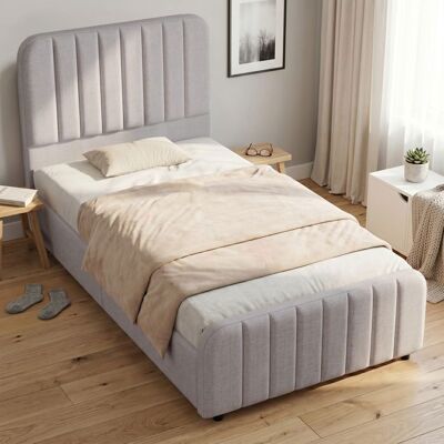 Lit coffre enfant - MERAX - Lit coffre 90 x 200 cm - Tête de lit cannelée - Tissu lin gris - Sommier à lattes Gris - Publicité Lit coffre enfant - MERAX - Lit coffre 90 x 200 cm - Tête de lit cannelée - Tissu lin gris - Sommier à lattes Gris - Publicité