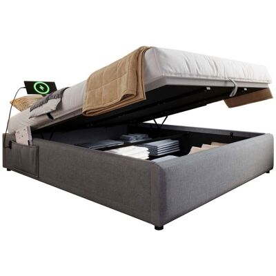 NOBRAND Lit Double Coffre Rembourré 140x200cm - Charge USB-C et Sommier Lattes Pleine Surface - Tissu Coton Gris sans Matelas Gris - Publicité NOBRAND Lit Double Coffre Rembourré 140x200cm - Charge USB-C et Sommier Lattes Pleine Surface - Tissu Coton Gris sans Matelas Gris - Publicité