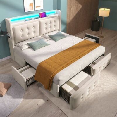 Lit 2 places - LANGTU - AB20965556B - 180x200 cm - Tête de lit LED multicolore - 4 tiroirs de rangement Beige - Publicité Lit 2 places - LANGTU - AB20965556B - 180x200 cm - Tête de lit LED multicolore - 4 tiroirs de rangement Beige - Publicité