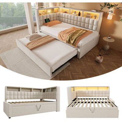 Lit adulte - MERAX - Lit 90x200 extensible 180x200 - Lin beige - Tête de lit Bluetooth USB/Type-C LED - Rangement Beige - Publicité Lit adulte - MERAX - Lit 90x200 extensible 180x200 - Lin beige - Tête de lit Bluetooth USB/Type-C LED - Rangement Beige - Publicité