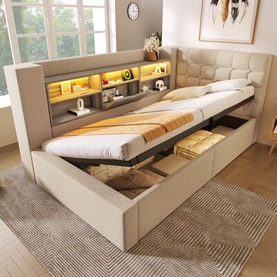 Lit coffre - MERAX - Lit 90x200 LED avec rangement - Tête de lit L - Ports USB/Type-C - Lin beige Beige - Publicité Lit coffre - MERAX - Lit 90x200 LED avec rangement - Tête de lit L - Ports USB/Type-C - Lin beige Beige - Publicité