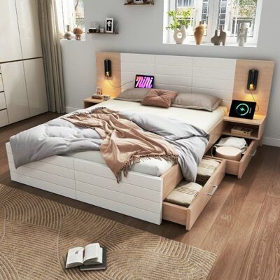 Lit double - LANGTU - 180x200 - Bois massif & MDF - 2 tiroirs + coffre - Tête de lit LED 360° USB Blanc - Publicité Lit double - LANGTU - 180x200 - Bois massif & MDF - 2 tiroirs + coffre - Tête de lit LED 360° USB Blanc - Publicité
