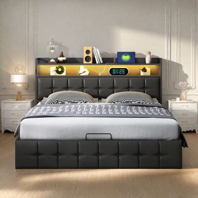 Lit 140x190 cm - COZY - LED - tissu en PU - cadre de lit double 140x190 cm - noir Noir - Publicité Lit 140x190 cm - COZY - LED - tissu en PU - cadre de lit double 140x190 cm - noir Noir - Publicité