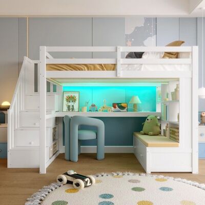 NOBRAND Lit mezzanine 140x200 blanc avec bureau étagères 2 tiroirs intégrés escalier rangement gain place chambre adulte enfantSans Matelas Blanc - Publicité NOBRAND Lit mezzanine 140x200 blanc avec bureau étagères 2 tiroirs intégrés escalier rangement gain place chambre adulte enfantSans Matelas Blanc - Publicité