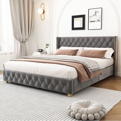ULEVR lit rembourre 140 x 190 cm en velours gris avec sommier a lattes tete de lit capitonnee et pieds en bois Gris - Publicité ULEVR lit rembourre 140 x 190 cm en velours gris avec sommier a lattes tete de lit capitonnee et pieds en bois Gris - Publicité
