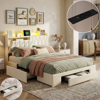 Lit 140x190 cm - COZY - Beige - LED intégrée - 3 tiroirs - Tête de lit rembourrée Beige - Publicité Lit 140x190 cm - COZY - Beige - LED intégrée - 3 tiroirs - Tête de lit rembourrée Beige - Publicité