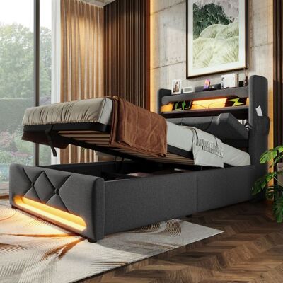 SEYAKANY Lit capitonné 90 x 200 cm Lit coffre simple avec tête de lit avec ports USB et Type-C LED lit avec rangement hydraulique - Gris Gris - Publicité SEYAKANY Lit capitonné 90 x 200 cm Lit coffre simple avec tête de lit avec ports USB et Type-C LED lit avec rangement hydraulique - Gris Gris - Publicité