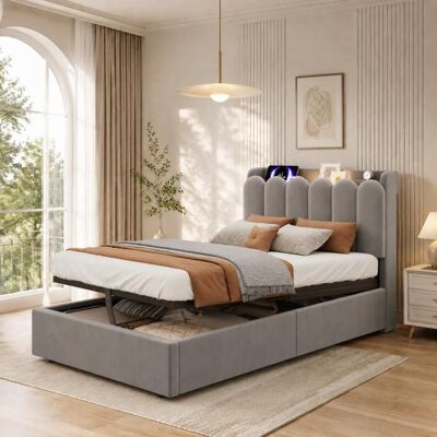 Lit simple coffre - MERAX - 90x200 cm - Velours beige - Tête de lit multifonction LED - Ports USB/USB-C Beige - Publicité Lit simple coffre - MERAX - 90x200 cm - Velours beige - Tête de lit multifonction LED - Ports USB/USB-C Beige - Publicité