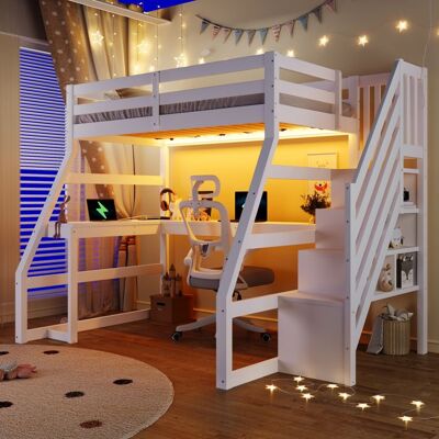 NOBRAND Lit mezzanine en bois 90x200 cm avec escalier de rangement lit superposé avec bureau LED et prise USB - Pin et MDF - blanc Blanc - Publicité NOBRAND Lit mezzanine en bois 90x200 cm avec escalier de rangement lit superposé avec bureau LED et prise USB - Pin et MDF - blanc Blanc - Publicité