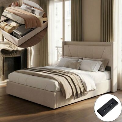 COZY Lit 140x190 cm avec sommier à lattes lit double 140x190 cm avec tete de lit et USB lit coffre avec rangement tissu en lin beige Beige - Publicité COZY Lit 140x190 cm avec sommier à lattes lit double 140x190 cm avec tete de lit et USB lit coffre avec rangement tissu en lin beige Beige - Publicité