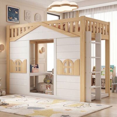 Lit mezzanine enfant - MERAX - Lit cabane blanc et bois 90x200 cm - Échelle réversible - Pin massif & MDF - Sommier à lattes Blanc - Publicité Lit mezzanine enfant - MERAX - Lit cabane blanc et bois 90x200 cm - Échelle réversible - Pin massif & MDF - Sommier à lattes Blanc - Publicité