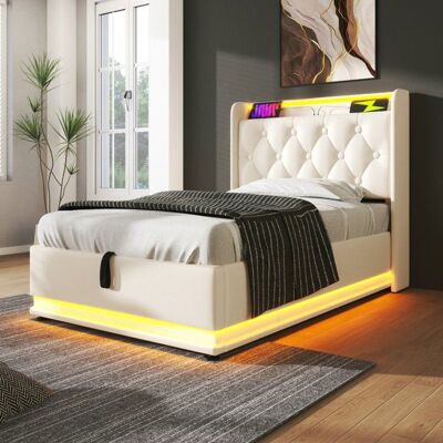 Lit simple rembourré - LANGTU - PU blanc 90x200 - LED panoramique 360° - Tête capitonnée USB-C - Coffre hydraulique Blanc - Publicité Lit simple rembourré - LANGTU - PU blanc 90x200 - LED panoramique 360° - Tête capitonnée USB-C - Coffre hydraulique Blanc - Publicité