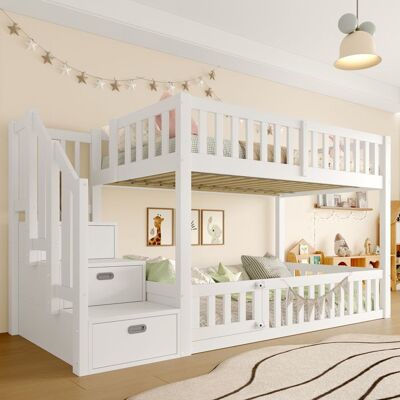 NOBRAND Lit superposé enfant 90x200cm avec 1 sommier à lattes échelle avec compartiment de rangement cadre en bois pour garçons et filles Blanc - Publicité NOBRAND Lit superposé enfant 90x200cm avec 1 sommier à lattes échelle avec compartiment de rangement cadre en bois pour garçons et filles Blanc - Publicité