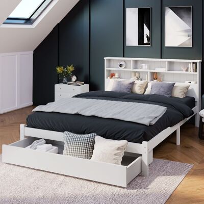 LEMONBEST Lit double en bois massif 140 x 200 cm Lit plat avec grands tiroir et compartiments de rangement Cadre en pin massif - Blanc Blanc - Publicité LEMONBEST Lit double en bois massif 140 x 200 cm Lit plat avec grands tiroir et compartiments de rangement Cadre en pin massif - Blanc Blanc - Publicité
