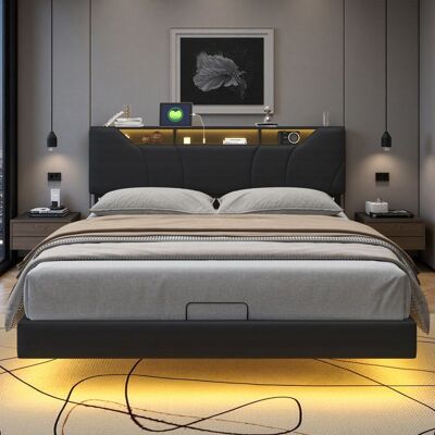 Lit 140x190 cm - COZY - tissu en PU - LED ET USB - sommier - cadre de lit double 140x190 cm - noir Noir - Publicité Lit 140x190 cm - COZY - tissu en PU - LED ET USB - sommier - cadre de lit double 140x190 cm - noir Noir - Publicité