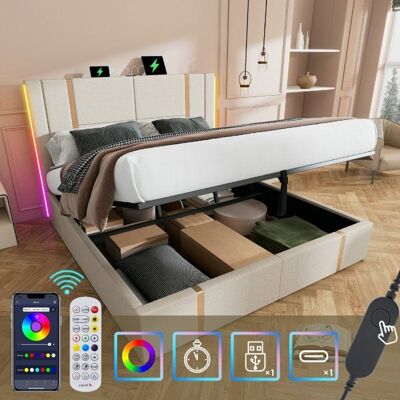 Lit coffre - LANGTU - Lit coffre 180 x 200 cm avec port USB Type-C - tissu lin beige - LED RVB 16 couleurs - sommier à lattes Beige - Publicité Lit coffre - LANGTU - Lit coffre 180 x 200 cm avec port USB Type-C - tissu lin beige - LED RVB 16 couleurs - sommier à lattes Beige - Publicité