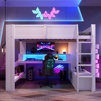 NOBRAND Lit mezzanine gaming 140x200 cm avec bureau LED tiroir & étagères - blanc - Sans Matelas Blanc - Publicité NOBRAND Lit mezzanine gaming 140x200 cm avec bureau LED tiroir & étagères - blanc - Sans Matelas Blanc - Publicité