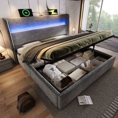 MERAX Lit Coffre Adult 180x200 Moderne - Tête de Lit Haute Épaisse - LED - USB Type-C - Sommier Relevable - Tissu Lin Gris Gris - Publicité MERAX Lit Coffre Adult 180x200 Moderne - Tête de Lit Haute Épaisse - LED - USB Type-C - Sommier Relevable - Tissu Lin Gris Gris - Publicité