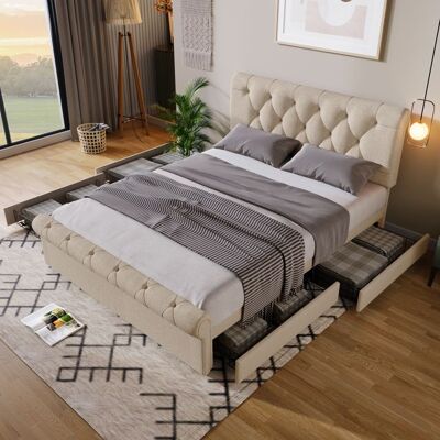 GENERIQUE Lit Coffre Double 140x200 cm avec 4 tiroirs lit double tete de lit réglable en hauteur Tissu doux et grand espace de rangement Blanc - Publicité GENERIQUE Lit Coffre Double 140x200 cm avec 4 tiroirs lit double tete de lit réglable en hauteur Tissu doux et grand espace de rangement Blanc - Publicité