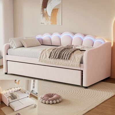 Lit gigogne - LANGTU - Méridienne - 90x200/90x190 cm - tissu velours - LED intégrée télécommandée Rose - Publicité Lit gigogne - LANGTU - Méridienne - 90x200/90x190 cm - tissu velours - LED intégrée télécommandée Rose - Publicité