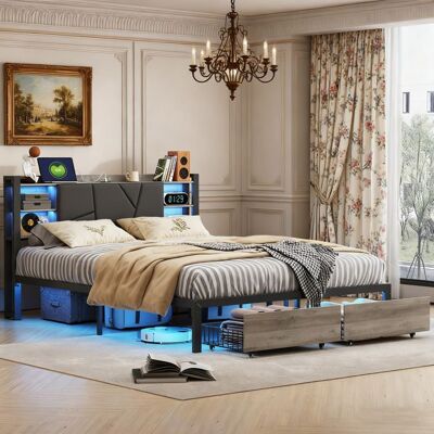 Lit 160x200 cm - COZY - cadre de lit adulte 160x200 cm - LED ET USB - sommier à lattes - tissu en PU - noir et marron Noir - Publicité Lit 160x200 cm - COZY - cadre de lit adulte 160x200 cm - LED ET USB - sommier à lattes - tissu en PU - noir et marron Noir - Publicité