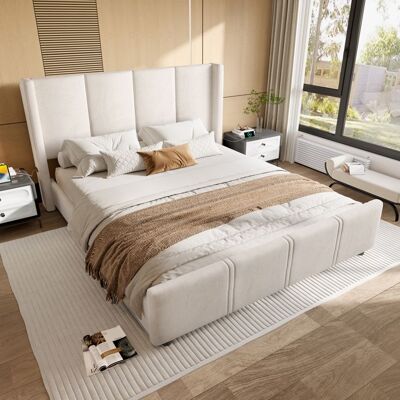 LEMONBEST Lit double rembourré 140x190 cm velours beige avec sommier à lattes tête haute et 2 ports USB/Type-C Beige - Publicité LEMONBEST Lit double rembourré 140x190 cm velours beige avec sommier à lattes tête haute et 2 ports USB/Type-C Beige - Publicité