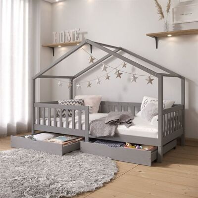 Idimex Lit cabane ELEA lit enfant simple montessori 90 x 200 cm avec 2 tiroirs de rangement en pin massif lasuré gris Gris - Publicité Idimex Lit cabane ELEA lit enfant simple montessori 90 x 200 cm avec 2 tiroirs de rangement en pin massif lasuré gris Gris - Publicité