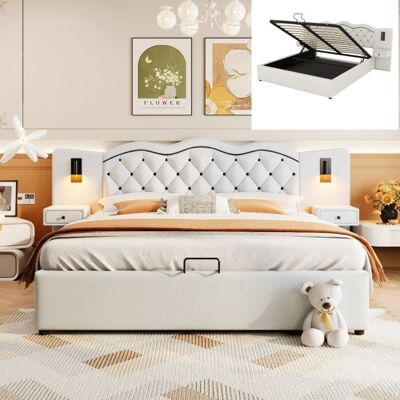Lit coffre - LANGTU - Lit capitonné - 180x200 cm - Tissu imitation lin beige - Tête de lit LED USB coffre hydraulique Beige - Publicité Lit coffre - LANGTU - Lit capitonné - 180x200 cm - Tissu imitation lin beige - Tête de lit LED USB coffre hydraulique Beige - Publicité