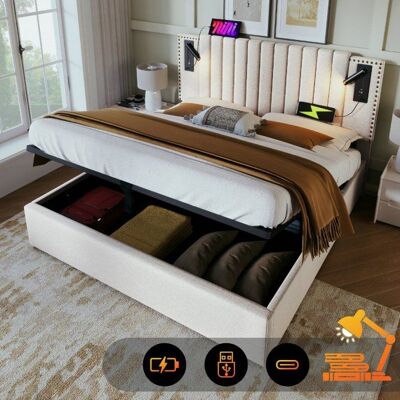 Lit double 180x200 cm - LANGTU - Design rivets - Tête réglable - Coffre de rangement - Lampe lecture + USB-C Beige - Publicité Lit double 180x200 cm - LANGTU - Design rivets - Tête réglable - Coffre de rangement - Lampe lecture + USB-C Beige - Publicité