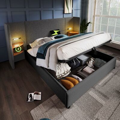 MERAX Lit Coffre Adulte 160x200 avec Tête de Lit Multifonction USB Type-C Lampe de Lecture Sommier Relevable Lin Gris Gris - Publicité MERAX Lit Coffre Adulte 160x200 avec Tête de Lit Multifonction USB Type-C Lampe de Lecture Sommier Relevable Lin Gris Gris - Publicité
