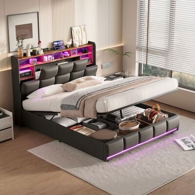 RESETIZE Lit coffre adulte 140x190 avec LED et USB lit double capitonné avec rangement hydraulique cadre de lit lit rembourré avec sommier Noir - Publicité RESETIZE Lit coffre adulte 140x190 avec LED et USB lit double capitonné avec rangement hydraulique cadre de lit lit rembourré avec sommier Noir - Publicité