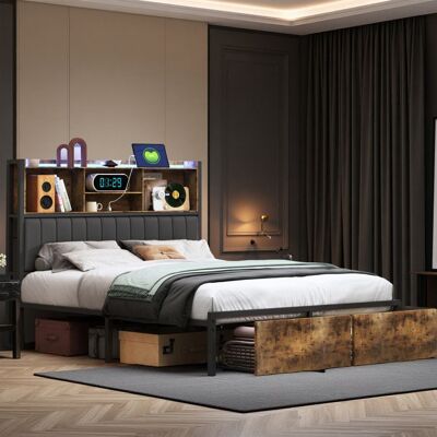 Lit 140x200 cm - COZY - LED - lit adulte 140x200 cm - cadre de lit double 140x200 cm - métal sommier - tissu en PU - noir et marron Noir - Publicité Lit 140x200 cm - COZY - LED - lit adulte 140x200 cm - cadre de lit double 140x200 cm - métal sommier - tissu en PU - noir et marron Noir - Publicité