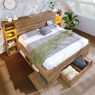 NOBRAND Lit double Lit coffre 160x200 MDF chêne tête de lit LED USB-C tiroirs cadre lattes bois - Sans Matelas Marron - Publicité NOBRAND Lit double Lit coffre 160x200 MDF chêne tête de lit LED USB-C tiroirs cadre lattes bois - Sans Matelas Marron - Publicité