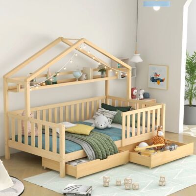 LEMLIT Lit Cabane Enfant 90x200 cm Lit Maison avec 2 Tiroirs et Sommier à Lattes - pour Chambre Enfant et Adolescent - Pin Massif - Naturel Marron - Publicité LEMLIT Lit Cabane Enfant 90x200 cm Lit Maison avec 2 Tiroirs et Sommier à Lattes - pour Chambre Enfant et Adolescent - Pin Massif - Naturel Marron - Publicité