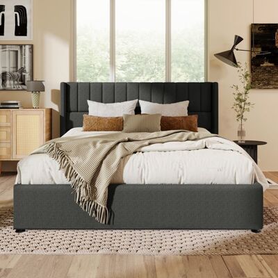MERAX Lit Coffre Adult - 180x200 cm - Tête de Lit Rembourrée - Sommier Relevable Hydraulique Lit Double avec Rangement - Tissu Lin Gris Gris - Publicité MERAX Lit Coffre Adult - 180x200 cm - Tête de Lit Rembourrée - Sommier Relevable Hydraulique Lit Double avec Rangement - Tissu Lin Gris Gris - Publicité