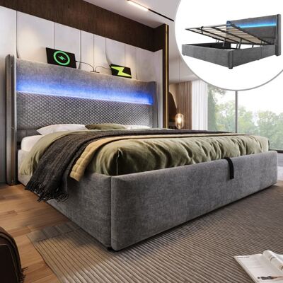 MERAX Lit Coffre 160x200 Moderne avec Tête de Lit Haute LED Multicolore USB Type-C Sommier Relevable Tissu Lin Gris Gris - Publicité MERAX Lit Coffre 160x200 Moderne avec Tête de Lit Haute LED Multicolore USB Type-C Sommier Relevable Tissu Lin Gris Gris - Publicité