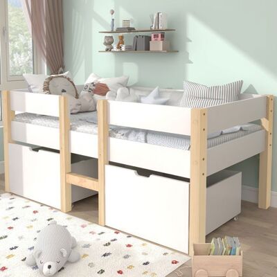 NOBRAND Lit enfant en bois 90x190 cm avec 2 tiroirs de rangement lit sample avec barrière de sécurité cadre de lit avec sommier à Lattes Blanc - Publicité NOBRAND Lit enfant en bois 90x190 cm avec 2 tiroirs de rangement lit sample avec barrière de sécurité cadre de lit avec sommier à Lattes Blanc - Publicité