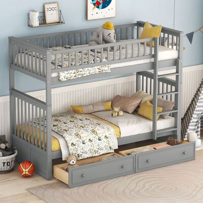 Blueline Lit superposé enfant fonctionnels avec tiroirs - Transformable en 2 lits - Gris - 90x200cm - A lattes - Bois massif Gris - Publicité Blueline Lit superposé enfant fonctionnels avec tiroirs - Transformable en 2 lits - Gris - 90x200cm - A lattes - Bois massif Gris - Publicité