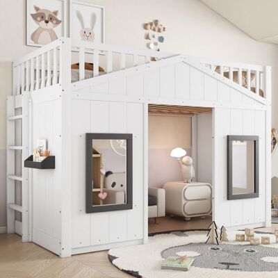 NOBRAND Lit Mezzanine 1 Place avec Belles Fenêtres Barrière de lit Intégrale Lit Cabane Enfant 90x200 avec Sommier à Lattes cadre en pin Blanc - Publicité NOBRAND Lit Mezzanine 1 Place avec Belles Fenêtres Barrière de lit Intégrale Lit Cabane Enfant 90x200 avec Sommier à Lattes cadre en pin Blanc - Publicité