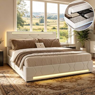 KILISKY Lit Coffre 140x190CM avec Sommier - LED - 2 Ports USB/Type-C - Tête de Lits Capitonné Réglable en Hauteur - Tissu en Lin - Blanc Blanc - Publicité KILISKY Lit Coffre 140x190CM avec Sommier - LED - 2 Ports USB/Type-C - Tête de Lits Capitonné Réglable en Hauteur - Tissu en Lin - Blanc Blanc - Publicité