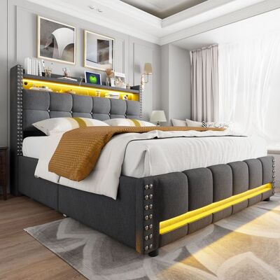 Blueline Lit rembourré 160*200 cm avec éclairage LED et prise USB tête de lit avec étagères et espace de rangement avec 4 tiroirs lit Gris - Publicité Blueline Lit rembourré 160*200 cm avec éclairage LED et prise USB tête de lit avec étagères et espace de rangement avec 4 tiroirs lit Gris - Publicité