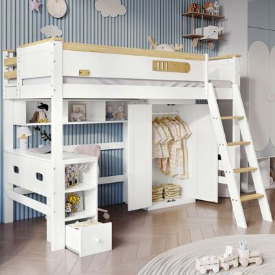 LEMONBEST Lit Mezzanine Enfant 90×200 cm avec Bureau Armoire Étagère et Tiroir - Barrières de sécurité - Grand Espace de Rangement - Blanc Blanc - Publicité LEMONBEST Lit Mezzanine Enfant 90×200 cm avec Bureau Armoire Étagère et Tiroir - Barrières de sécurité - Grand Espace de Rangement - Blanc Blanc - Publicité