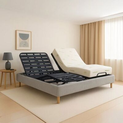 SAMPUR Pack lit électrique 90x190 gris Sommier relaxation à lattes + contour velours côtelé + matelas Gris - Publicité SAMPUR Pack lit électrique 90x190 gris Sommier relaxation à lattes + contour velours côtelé + matelas Gris - Publicité