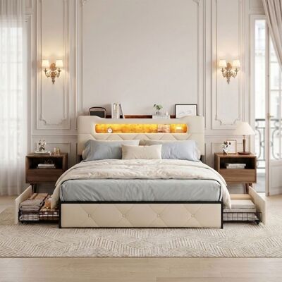 COZY Lit 140x190 cm avec sommier à lattes LED cadre de lit double 140x190 avec rangement tissu en velours beige 2 places Beige - Publicité COZY Lit 140x190 cm avec sommier à lattes LED cadre de lit double 140x190 avec rangement tissu en velours beige 2 places Beige - Publicité