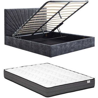 VENTE-UNIQUE Lit coffre 140 x 190 cm - Tissu texturé – Gris anthracite + Matelas - RIBIOLA Gris - Publicité VENTE-UNIQUE Lit coffre 140 x 190 cm - Tissu texturé – Gris anthracite + Matelas - RIBIOLA Gris - Publicité