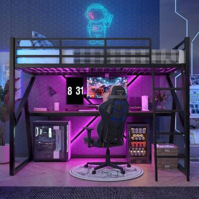 Lit mezzanine - LANGTU - 90x200 cm - Métal+MDF - Bureau intégré - LED multicolore Noir - Publicité Lit mezzanine - LANGTU - 90x200 cm - Métal+MDF - Bureau intégré - LED multicolore Noir - Publicité