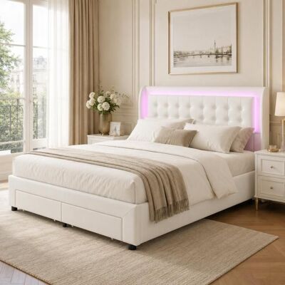 COZY Lit coffre rembourré avec LED - 140x190 cm - Tête de lit sommier à lattes et espace de rangement - Lit double 140x190 cm - Beige Beige - Publicité COZY Lit coffre rembourré avec LED - 140x190 cm - Tête de lit sommier à lattes et espace de rangement - Lit double 140x190 cm - Beige Beige - Publicité