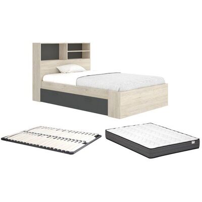 VENTE-UNIQUE Lit 120 x 190 cm avec rangements - Coloris : Naturel et anthracite + Sommier + Matelas - VARDIEL Gris - Publicité VENTE-UNIQUE Lit 120 x 190 cm avec rangements - Coloris : Naturel et anthracite + Sommier + Matelas - VARDIEL Gris - Publicité