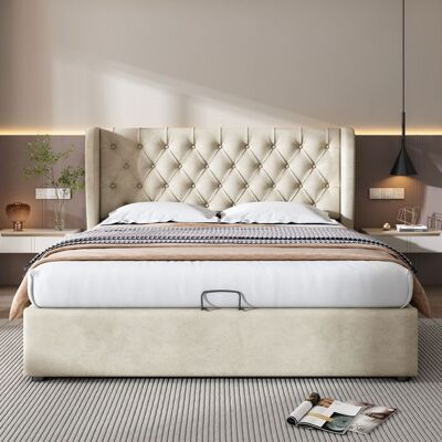 LEMONBEST Lit coffre velours beige 140x190 2 places avec sommier et tête de lit (hydraulique) Beige - Publicité LEMONBEST Lit coffre velours beige 140x190 2 places avec sommier et tête de lit (hydraulique) Beige - Publicité